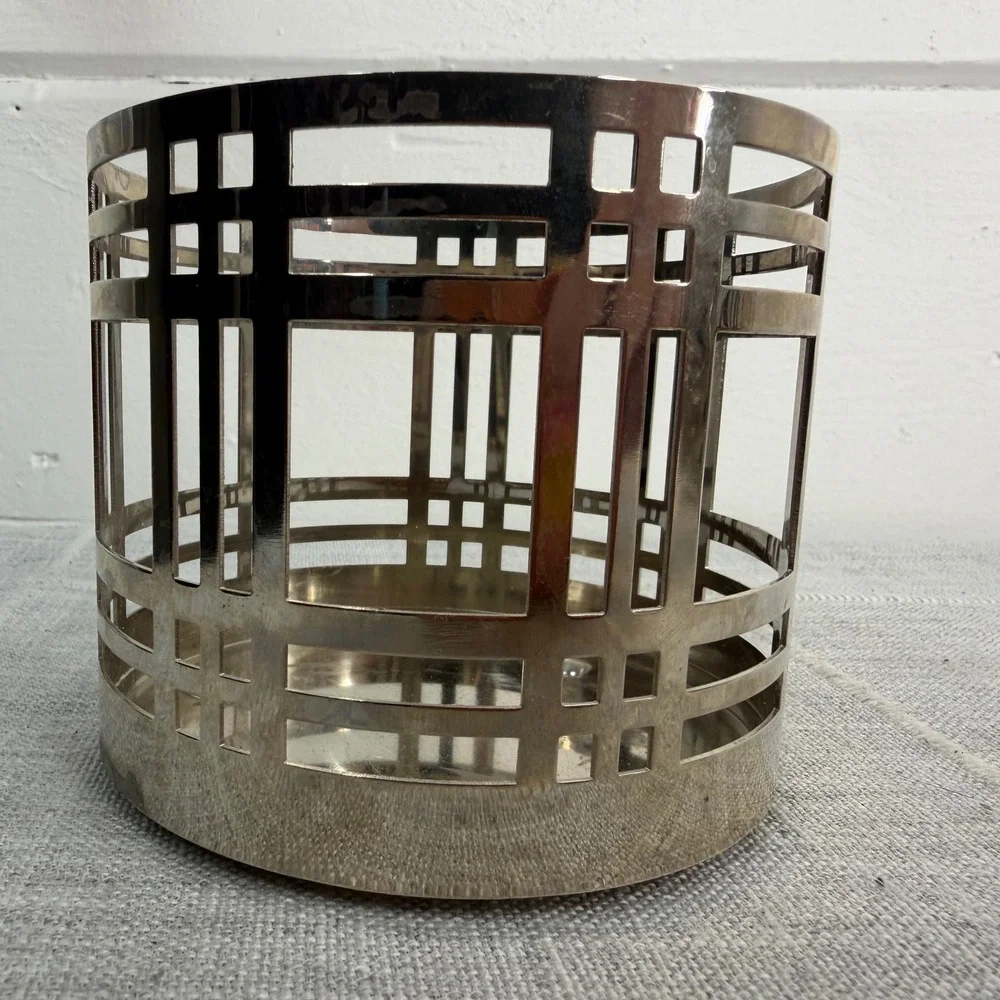 Bath and Body Works 3 Wick Candle Holder Silver Plaid Stripes Minimalist Preppy